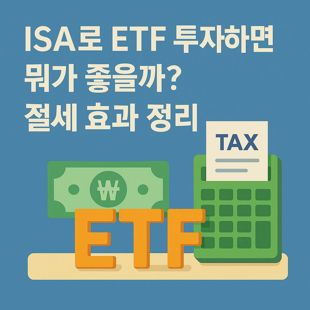ISA ETF 투자 절세 효과 블로그 대표 이미지 - 원화 지폐, TAX 계산기, ETF 글자가 포함된 금융 절세 아이콘 디자인