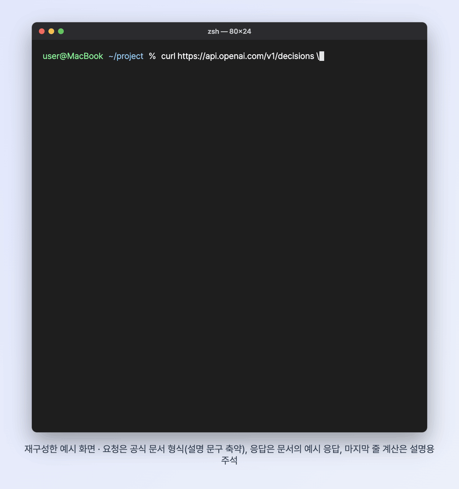 맥 터미널에서 점수형 요청을 보내고, 응답으로 score 1.1과 단계별 확률 0.1, 0.7, 0.2, confidence 0.55가 돌아오며 계산식이 주석으로 붙는 재구성 화면