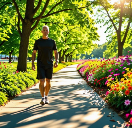 비타민 D 보충을 위해 한 남성이 햇빛이 비치는 공원을 걷고 있습니다.