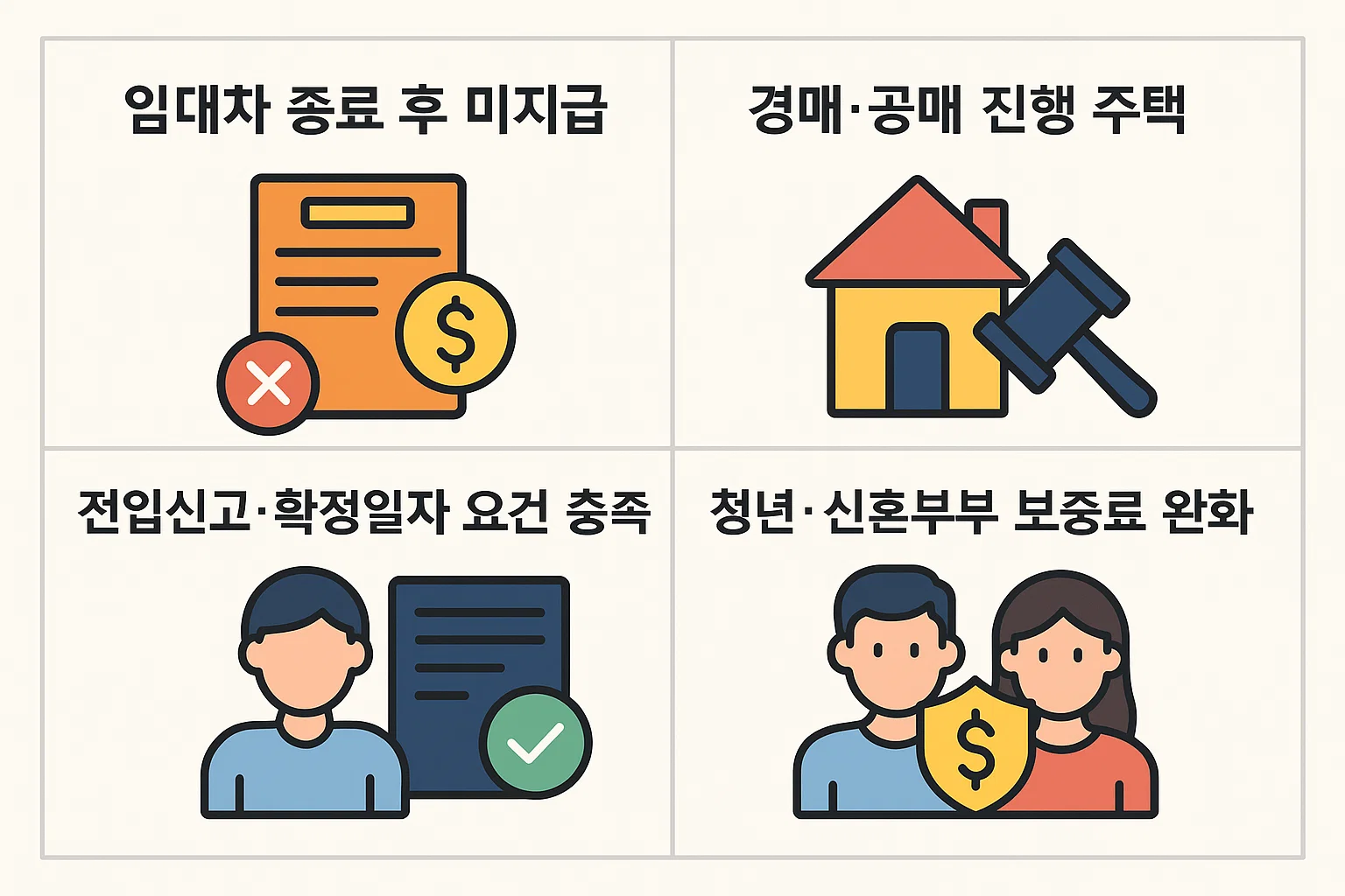 임대차 종료 후 미지급, 경매&middot;공매 진행, 전입신고&middot;확정일자 충족, 청년&middot;신혼부부 보증료 완화 등 반환신청 주요 조건을 정리한 인포그래픽