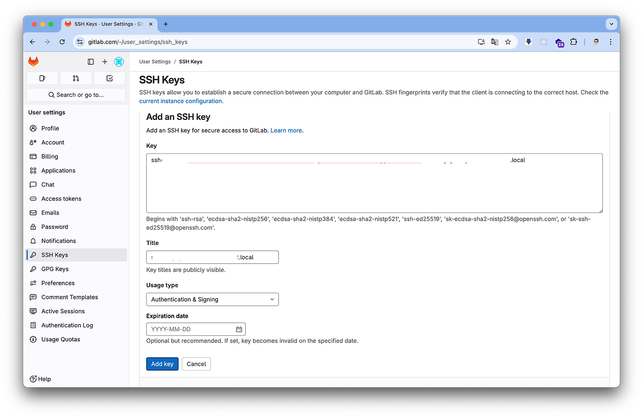 GitLab에 SSH Key가 등록 완료된 화면