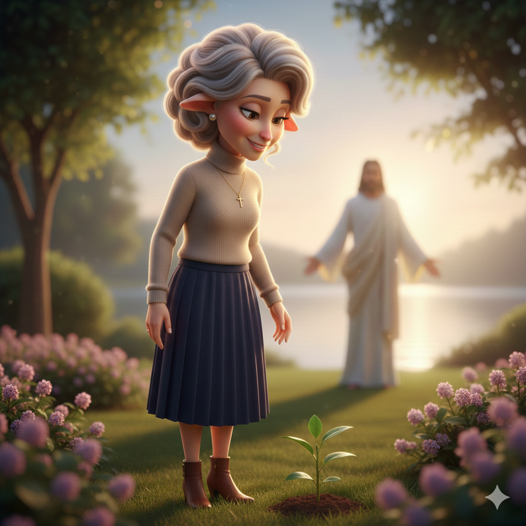 새싹을 바라보며 미소 짓는 우아한 양 캐릭터 양쌤 마리아와 배경의 예수님 실루엣