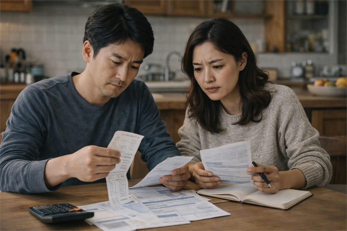 한국 아파트 주방 테이블에서 생활비와 고지서를 함께 살펴보는 부부 장면 