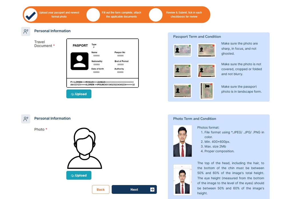 인도네시아 온라인 비자 신청 – 여권 정보와 얼굴 사진 업로드 단계 화면 (Step 2)