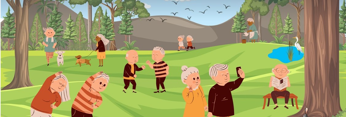 노인들 여러 명이 햇빛이 밝게 비치는 공원에서 즐거운 모습으로 산책, 운동, 독서 등을 하고 있는 그림