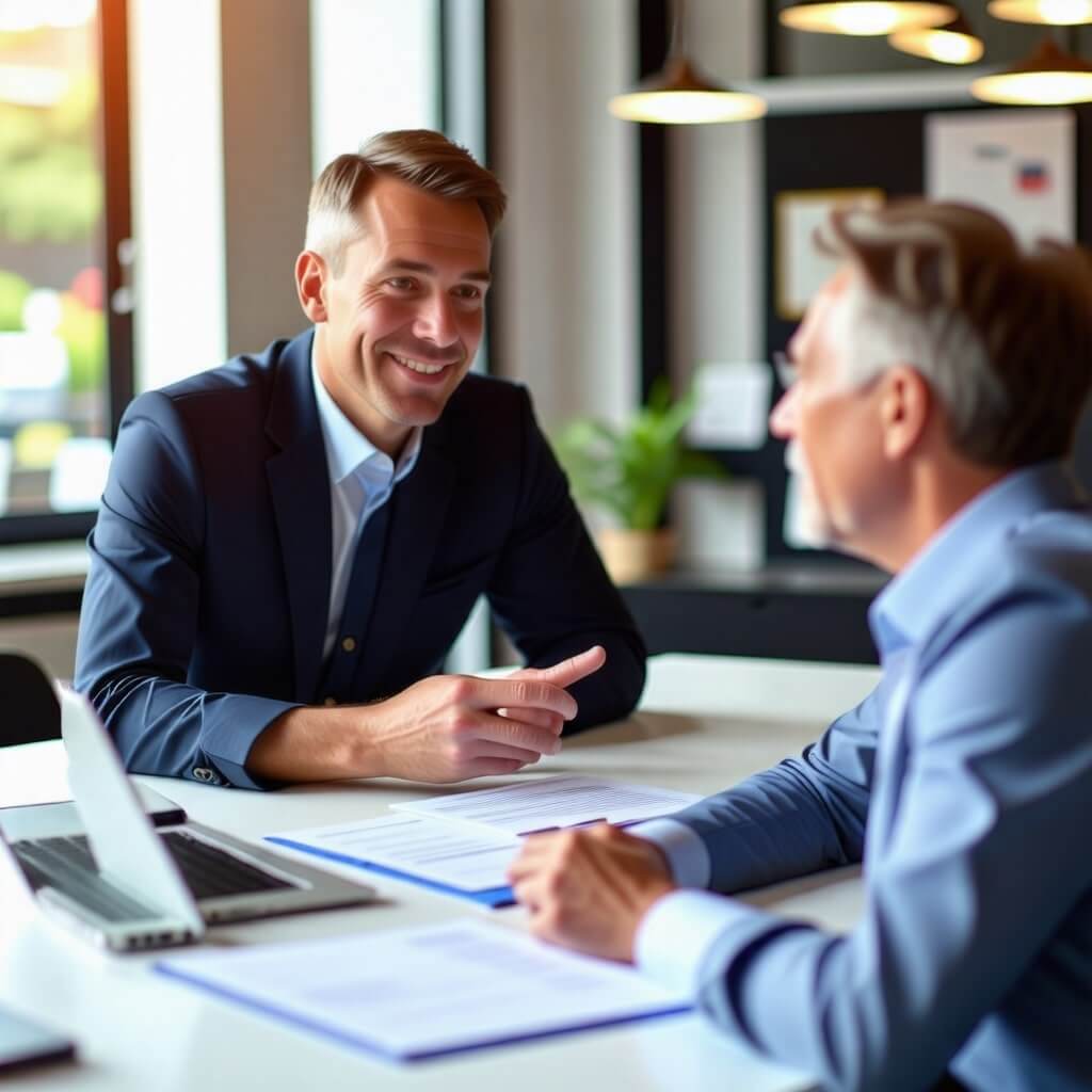 보험 상담사가 고객과 대화하는 장면. 상담사는 친절하게 설명하고 있으며, 고객은 관심을 가지고 듣고 있는 모습.