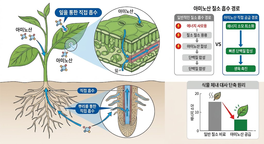 식물 잎과 뿌리를 통해 아미노산이 직접 흡수되어 에너지 소모 없이 단백질로 합성되는 과정을 나타낸 설명 삽화