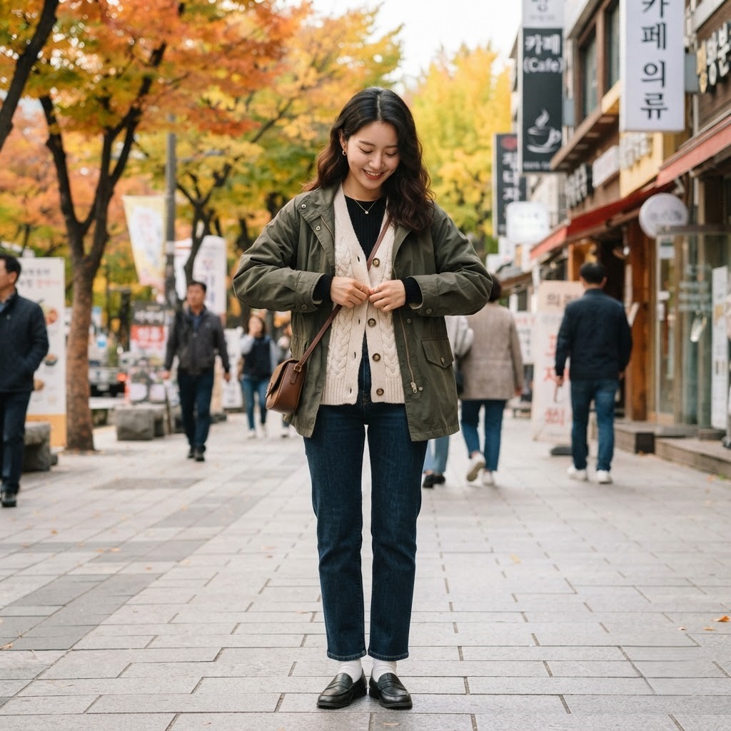 3겹 레이어드 공식을 단계별로 보여주는 이미지

내용: 이너, 미들, 아우터 세 겹이 어떻게 겹쳐지는지 순서대로 보여주는 이미지예요. 더우면 벗고 추우면 걸치는 구조가 한눈에 보여요
