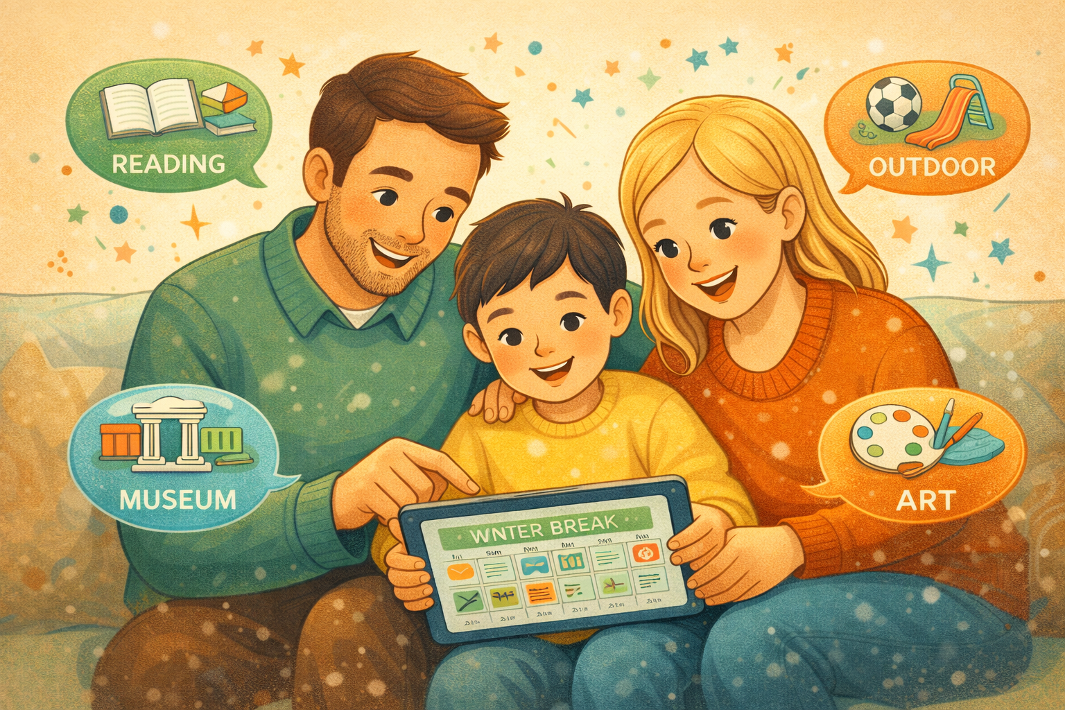 가족이 함께 2025년 초등학교 겨울방학 계획을 세우는 모습, 알찬 방학 준비의 중요성을 보여줍니다.