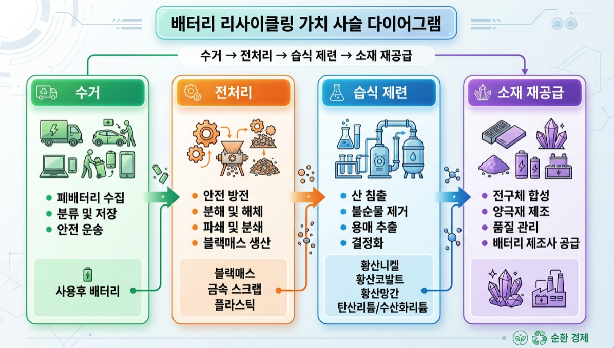 성일하이텍 주가 전망 관련 이미지(배터리 리사이클링 밸류체인 도식 (수거 &rarr; 전처리 &rarr; 습식제련 &rarr; 소재 재공급))