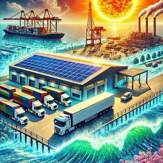 기후 변화 및 물류 산업 관련 이미지입니다. 이 이미지는 기후 변화가 물류 산업에 미치는 영향을 현실적으로 보여줍니다. 태양광 패널이 설치된 물류 창고, 열파로 인한 트럭, 해수면 상승을 겪는 해안 항구를 통해 기후 변화의 도전과 대응 방안을 시각적으로 표현합니다. 밝은 톤으로 구성된 이 이미지는 기후 변화로 인한 물류 산업의 문제와 적응 방법을 효과적으로 전달합니다.