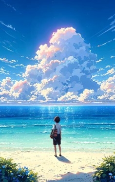 푸른-바다와-뭉게-구름을-바라보고-있는-소녀