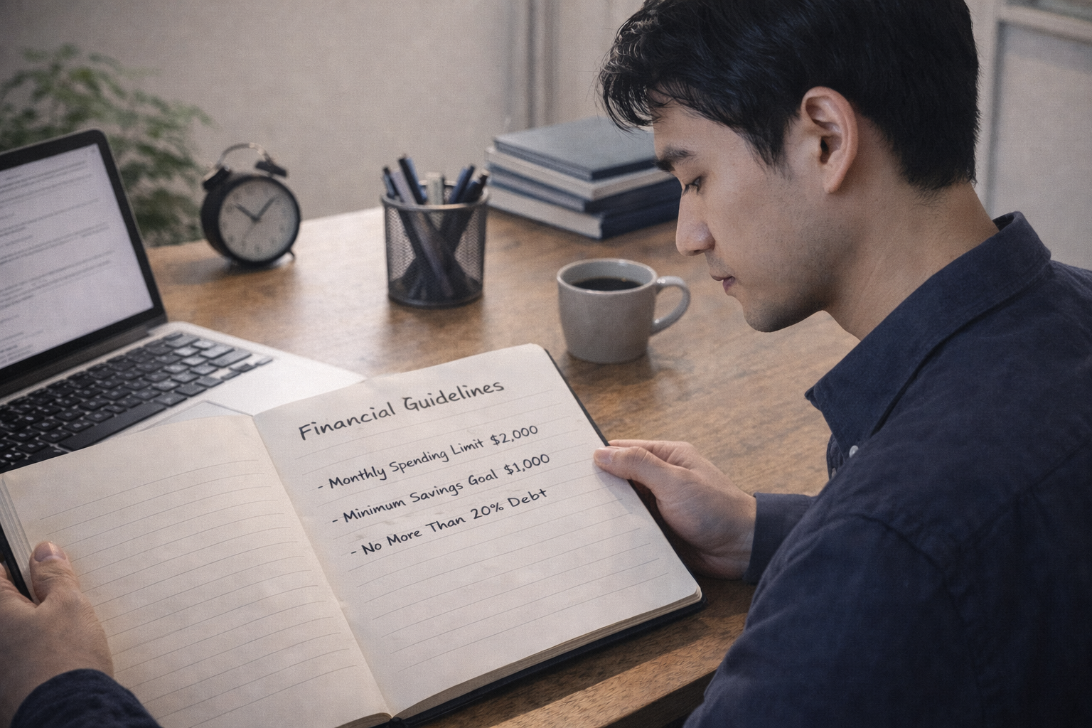 재정 판단 기준을 정리하는 차분한 사무 공간에서 확인하는 젊은 남자의 모습