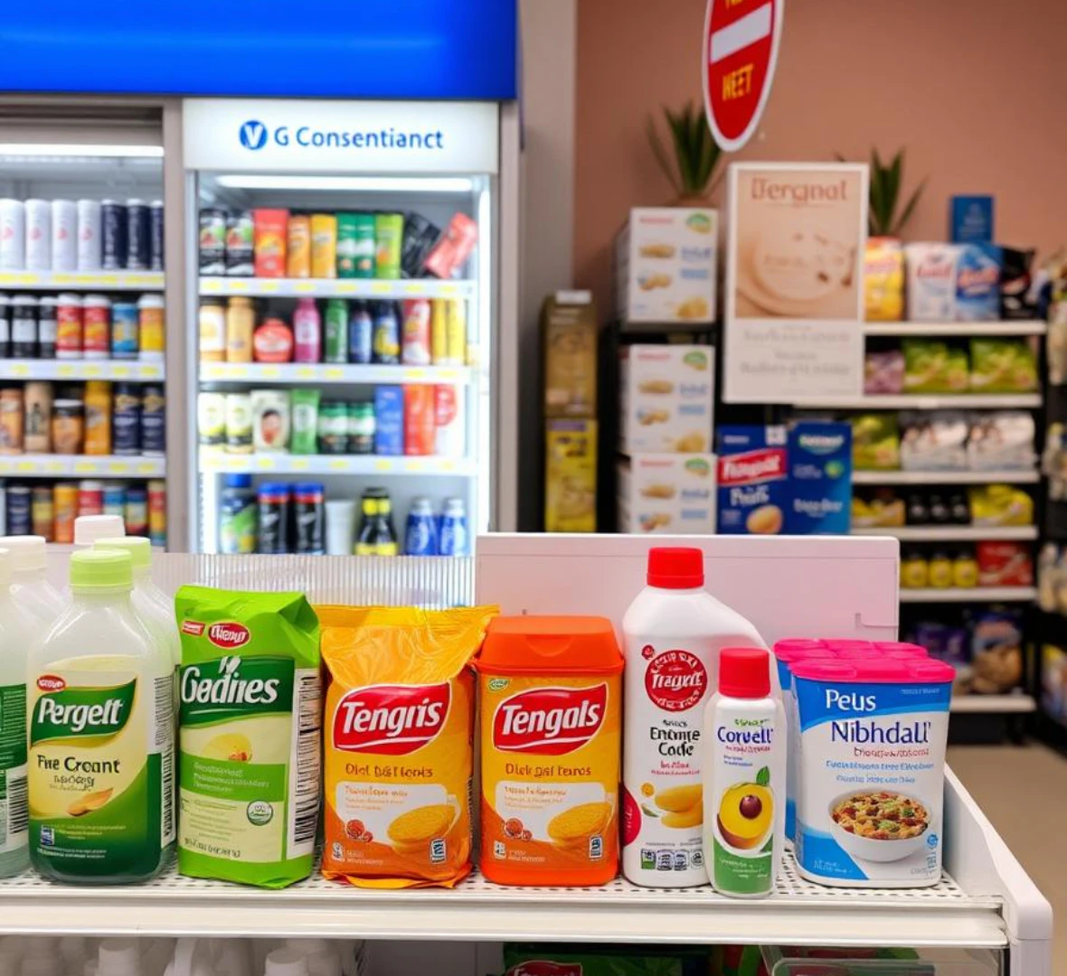 마트에 식료품들이 진열되어 있다