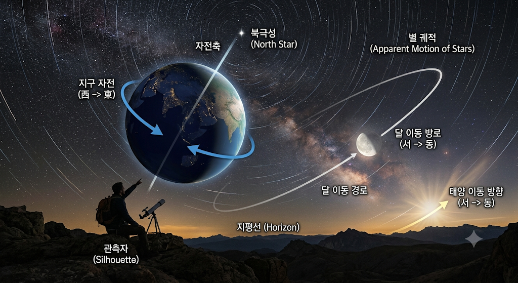 천체는 왜 동쪽에서 떠서 서쪽으로 지는 것처럼 보일까? 지구 자전과 하늘 움직임 이해하기