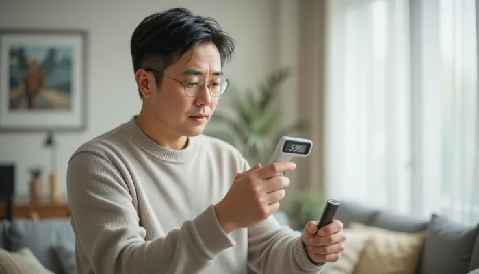 실내 온도계와 습도계를 확인하는 중년 남성