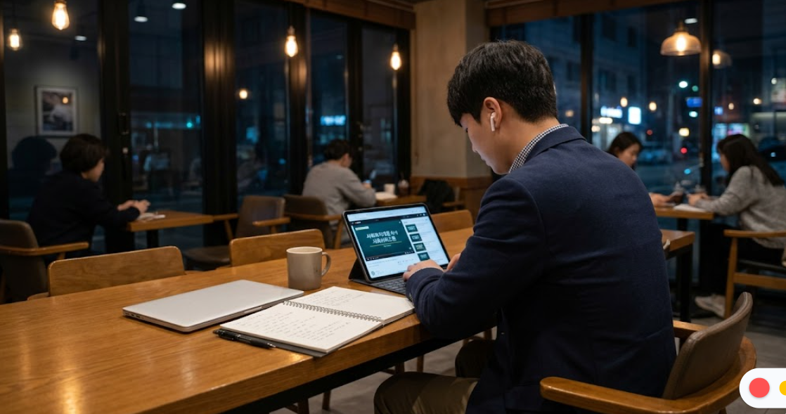 퇴근 후 카페에서 태블릿으로 사회복지사 1급 인강을 듣고 있는 직장인