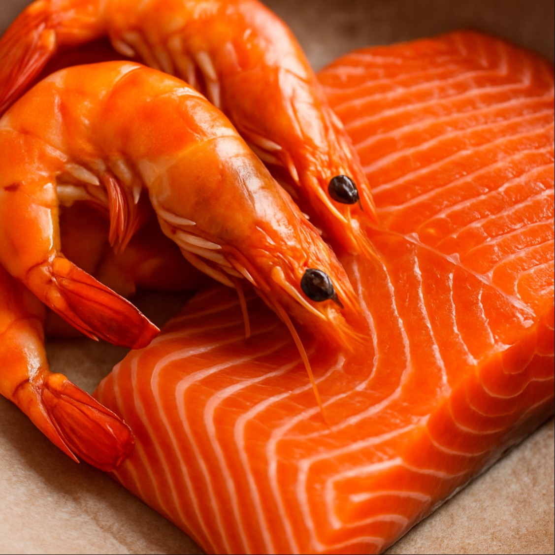 아스타잔틴 효능을 나타내는 연어와 새우 클로즈업 이미지