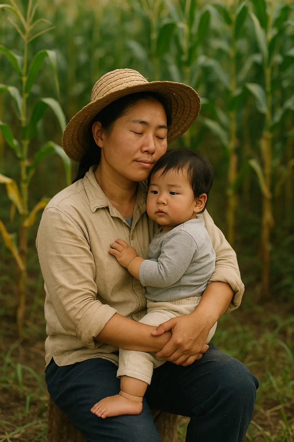 충청남도 농촌에서 농사일을 하다 잠시 쉬며 아이를 안고 있는 여성, 옥수수밭 가장자리, 일상적인 복장, 자연광, 초고해상도 4K 사진, 사실적인 디테일, 완벽한 조명, 깊은 초점심도, 선명한 텍스처, 사진적 품질, 자연스러운 색상, 극도의 디테일, 텍스트 없음