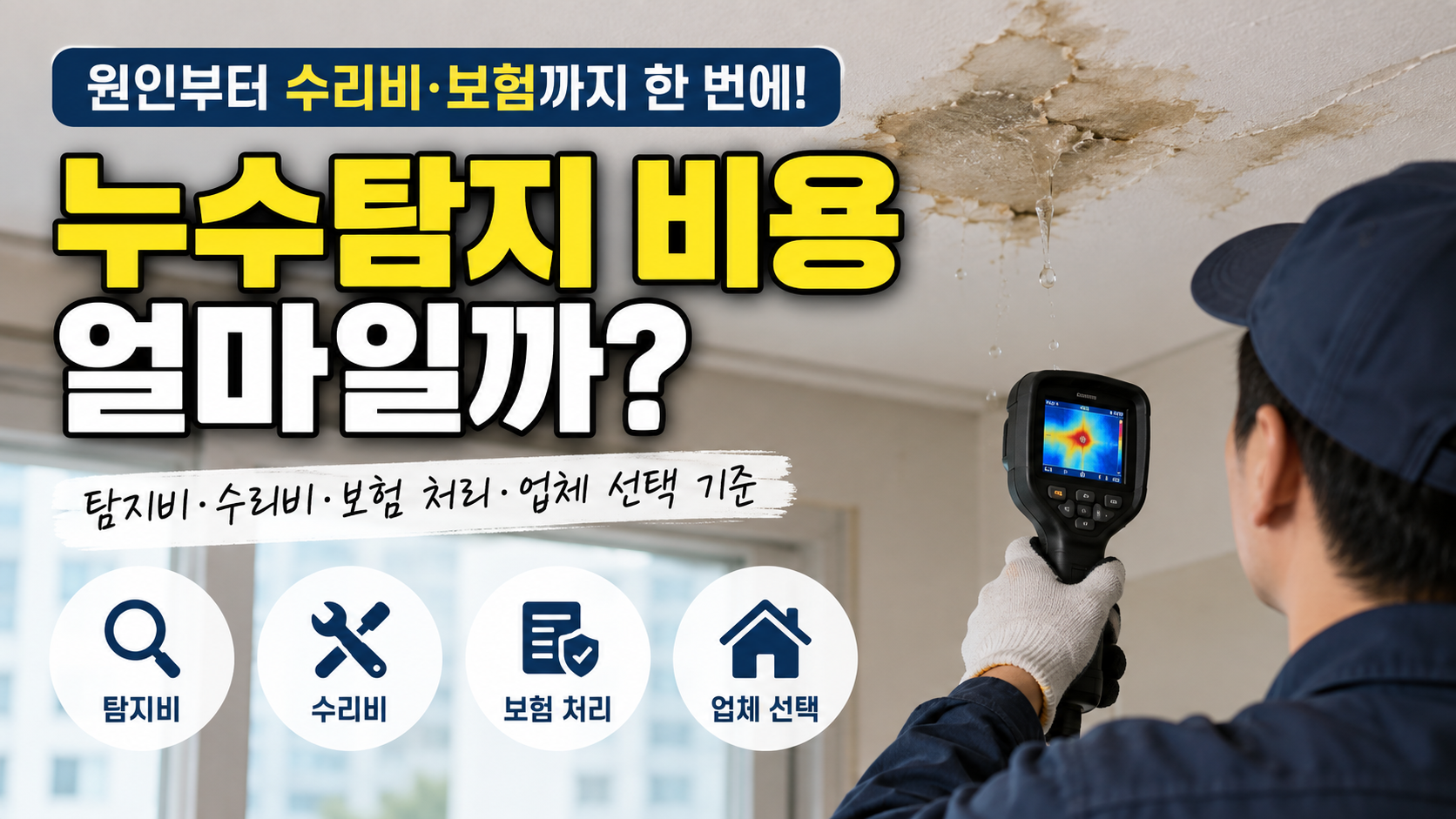 아파트 천장 누수 원인을 확인하기 위해 전문 장비로 배관 누수 지점을 탐지하는 모습