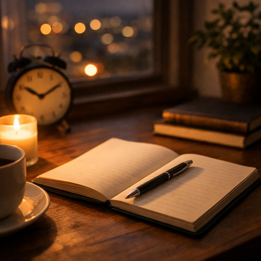 하루를 버텨낸 저녁, 책상 위에 펼쳐진 노트와 펜, 커피잔과 작은 불빛이 남아 있는 쉼표의 서재 풍경