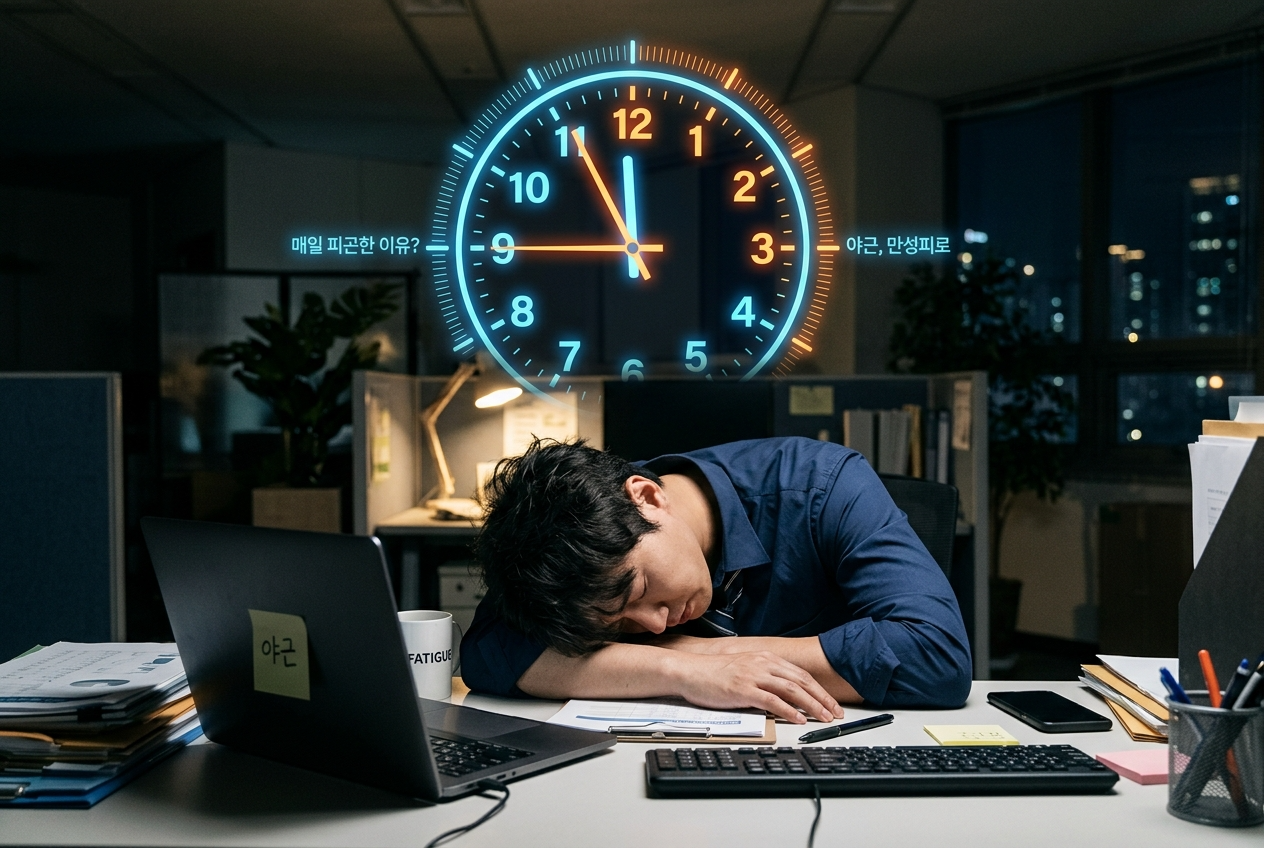 맨날 피곤한 이유를 찾기 위해 지친 표정으로 책상에 엎드려 있는 직장인의 모습과 시계 그래픽