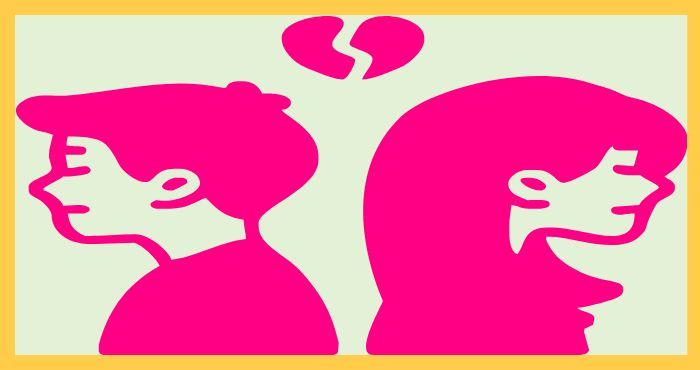 금이 간 하트 아래 서로 등을 돌린 남녀의 모습으로, 불륜으로 인한 갈등과 이별을 상징하는 일러스트.