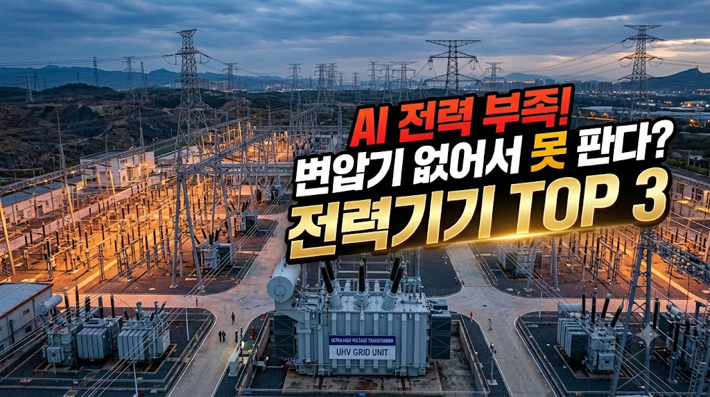 초대형 변압기 및 초고압 전력망 시설의 웅장한 사진. "AI 전력 부족! 변압기 없어서 못 판다? 전력기기 TOP 3" 문구가 들어간 썸네일.