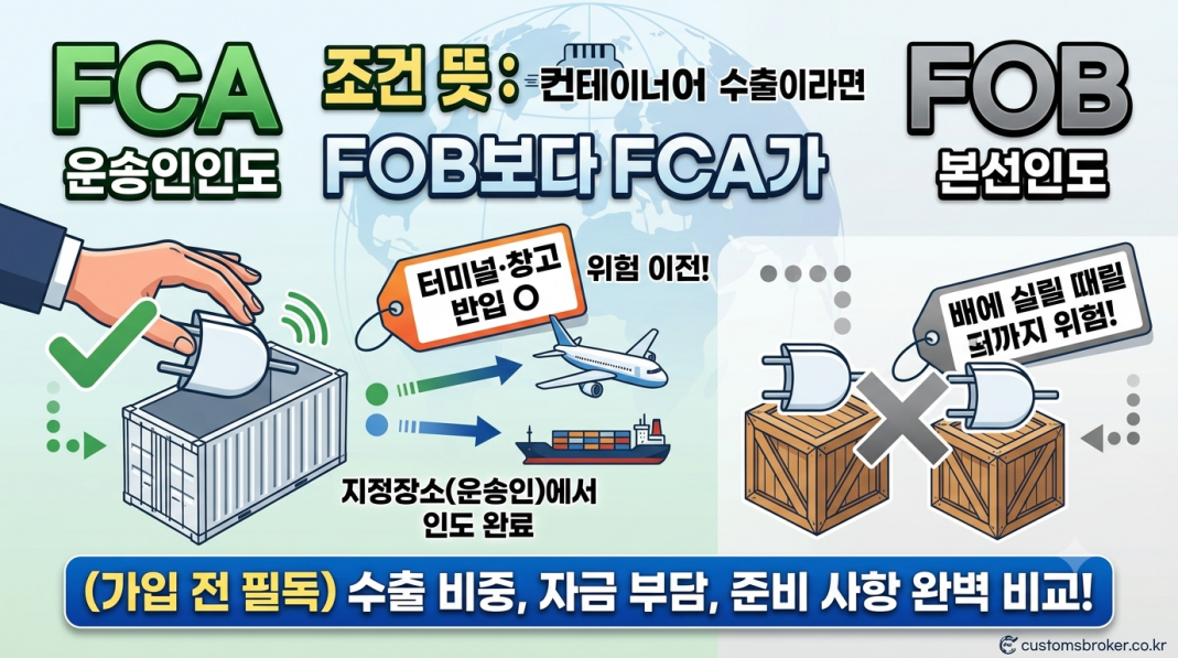 FCA 조건과 FOB 조건 위험 이전 지점 비교