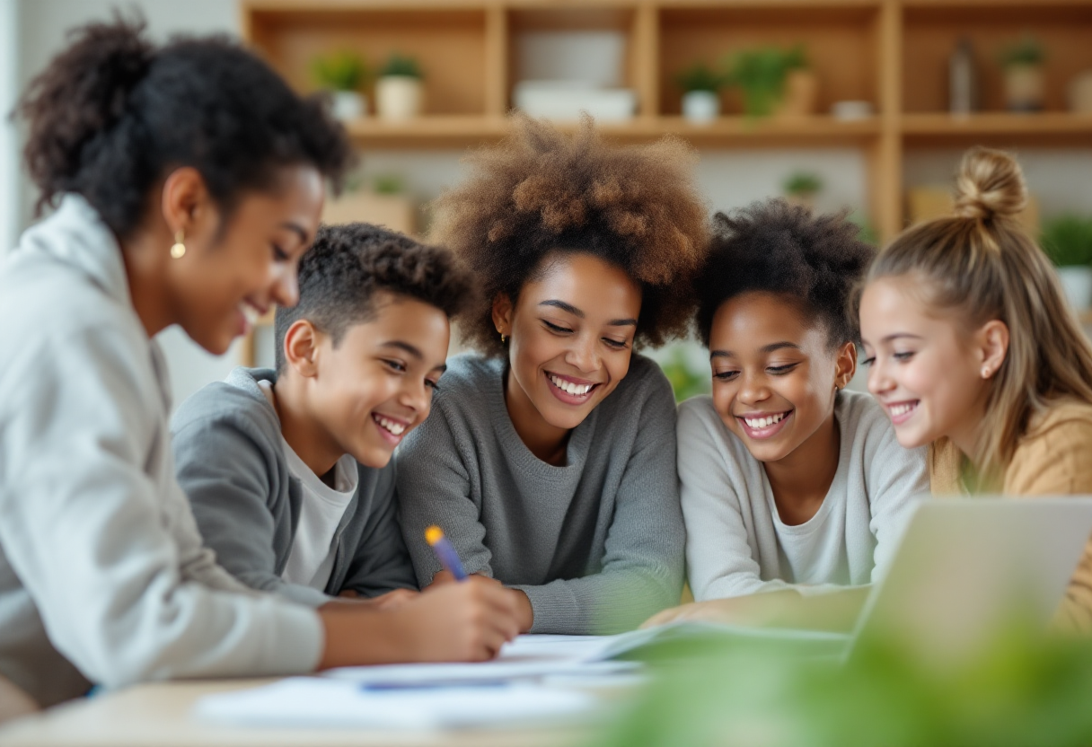 함께 토론하며 공부하는 아이들 사진