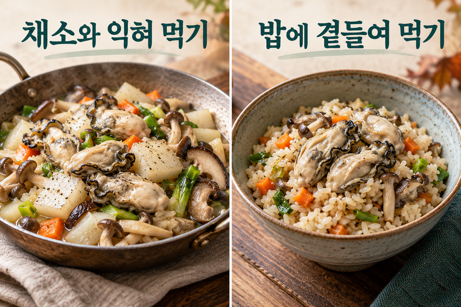 무&middot;버섯과 익힌 굴 요리, 충분히 익힌 굴채소밥의 두 가지 메뉴.