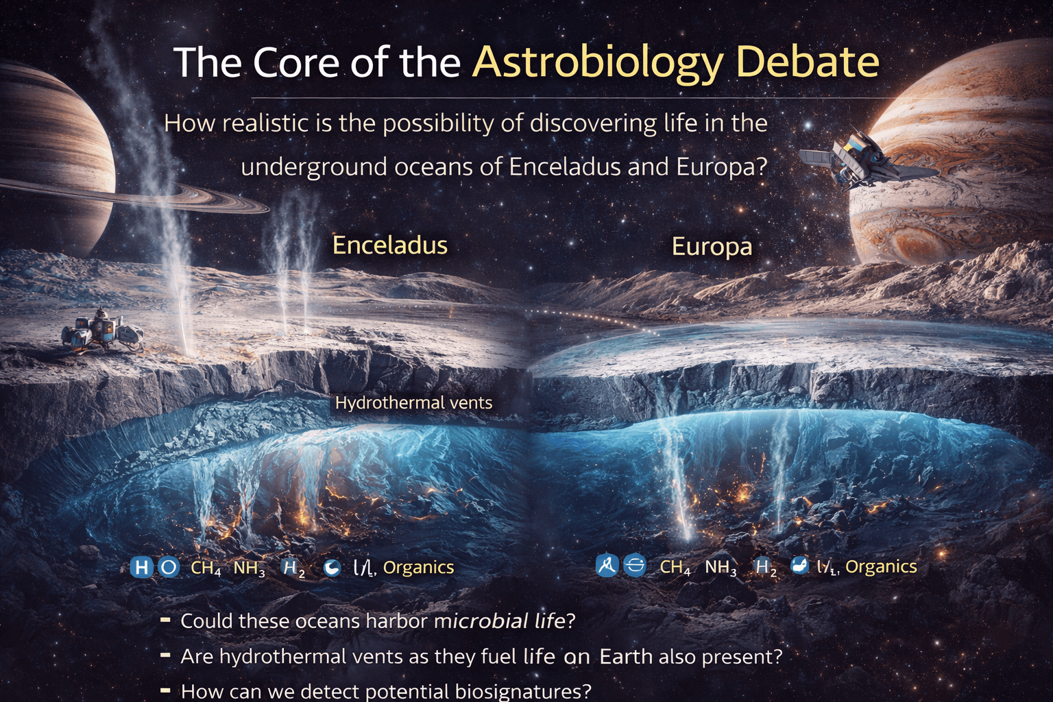 우주생물학 논쟁의 핵심: 엔셀라두스와 유로파 지하 해양에서 생명체를 발견할 가능성은 얼마나 현실적인가?