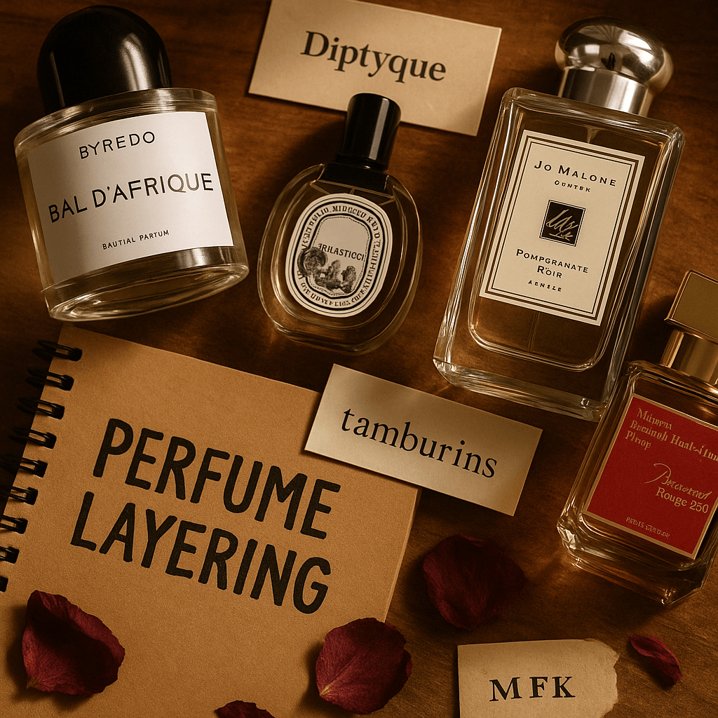 나무 테이블 위에 다양한 니치 향수 브랜드의 병들이 예술적으로 배치되어 있다. 좌측부터 바이레도의 &lsquo;Bal d&rsquo;Afrique&rsquo;, 딥티크의 향수, 조 말론의 &lsquo;Pomegranate Noir&rsquo;, 메종 프란시스 커정의 &lsquo;Baccarat Rouge 540&rsquo;, 탬버린즈와 MFK 로고가 적힌 카드가 놓여 있으며, 가운데에는 &lsquo;PERFUME LAYERING&rsquo;이라 적힌 노트가 보인다. 붉은 장미 꽃잎들이 자연스럽게 흩어져 따뜻하고 감성적인 분위기를 자아낸다