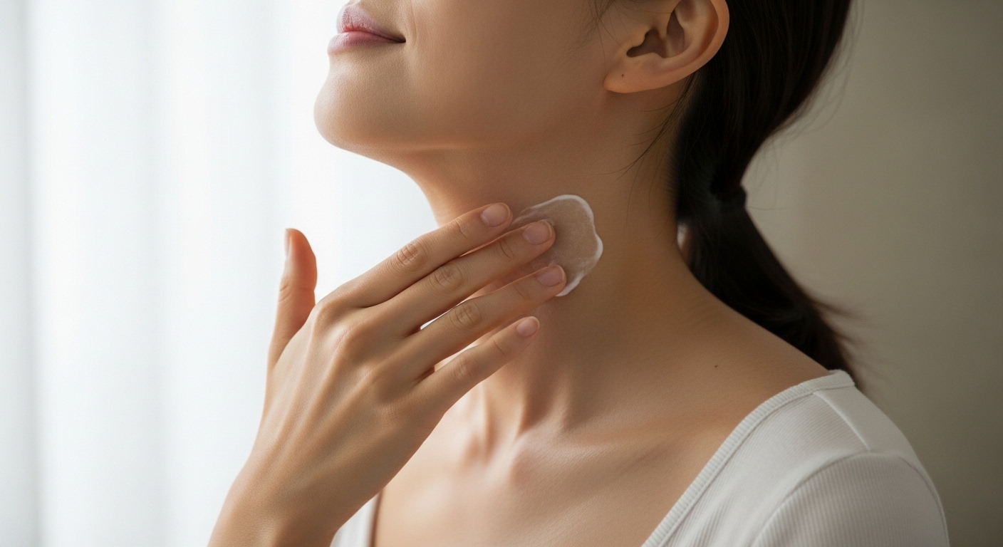 한국인-30대-여성이-목-라인에-크림을-얇게-펴바르며-흡수시키는-장면