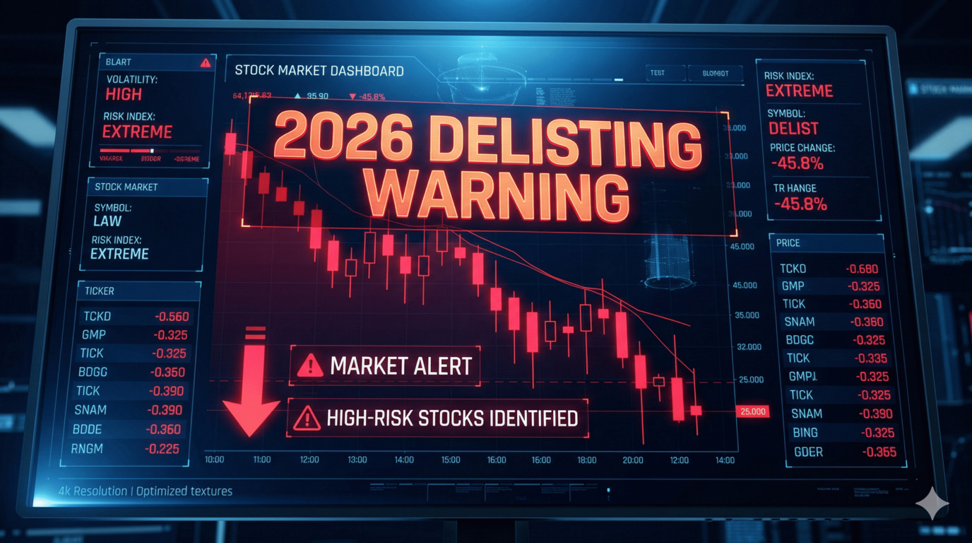 2026 상장폐지 경고 문구와 하락하는 주식 그래프 디지털 대시보드