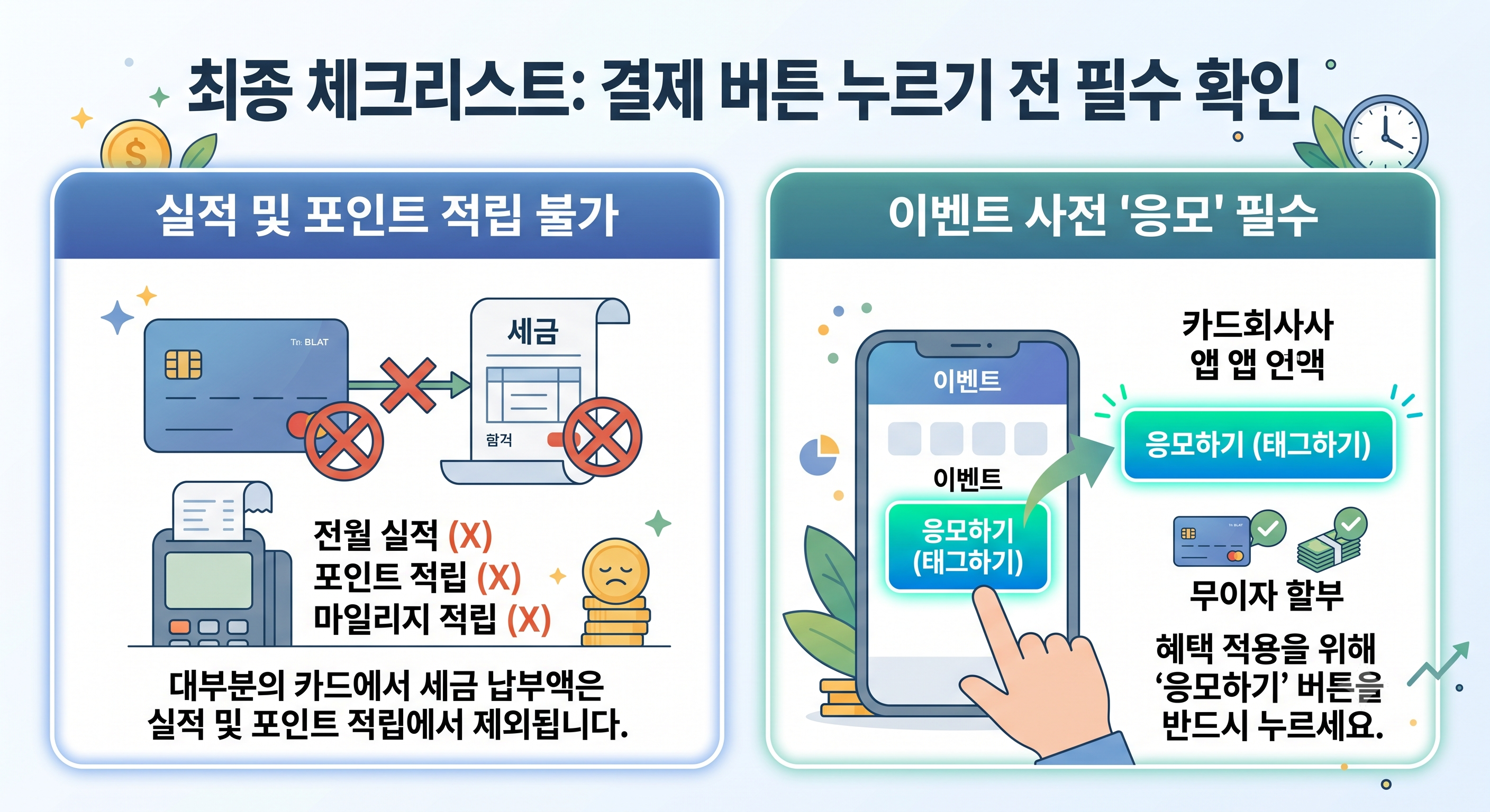 세금 납부 시 전월 실적 및 포인트 적립이 불가하다는 점과, 모든 혜택 적용을 위해 결제 전 앱 내 이벤트 '응모하기(태그)'가 필수임을 당부하는 체크리스트 이미지입니다.