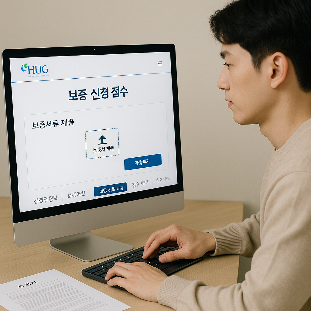 HUG 보증 신청 접수 화면 예시, 청년이 온라인으로 보증서류를 업로드하는 모습
보증기관 웹사이트, 온라인 접수 화면, 서류 업로드 장면