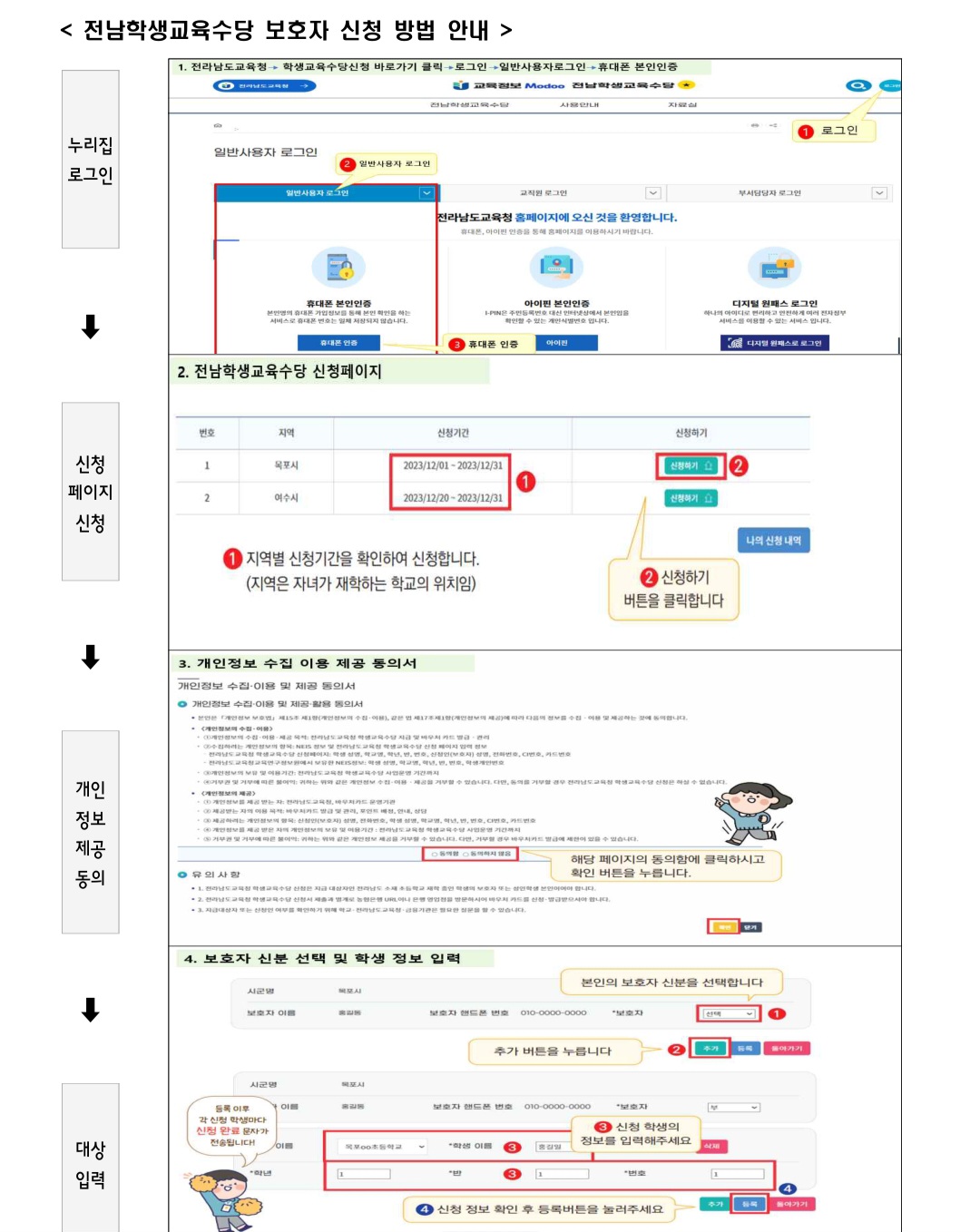 전남 초등학생 교육수당 보호자 신청방법