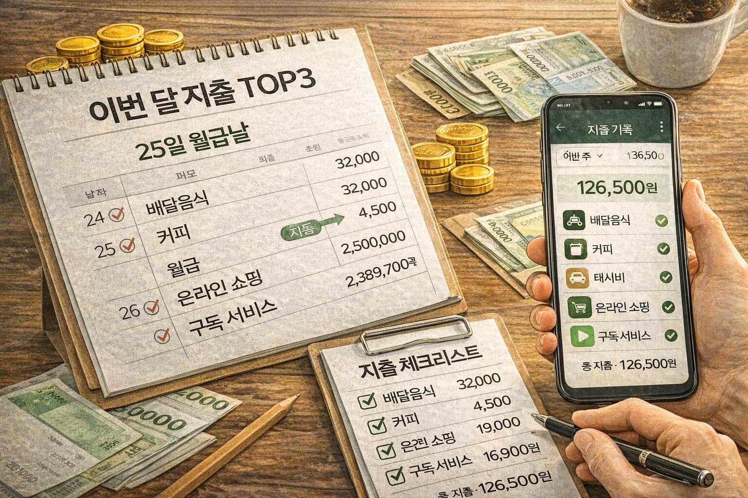 지출 기록(가계부/앱) 화면 또는 체크리스트 사진