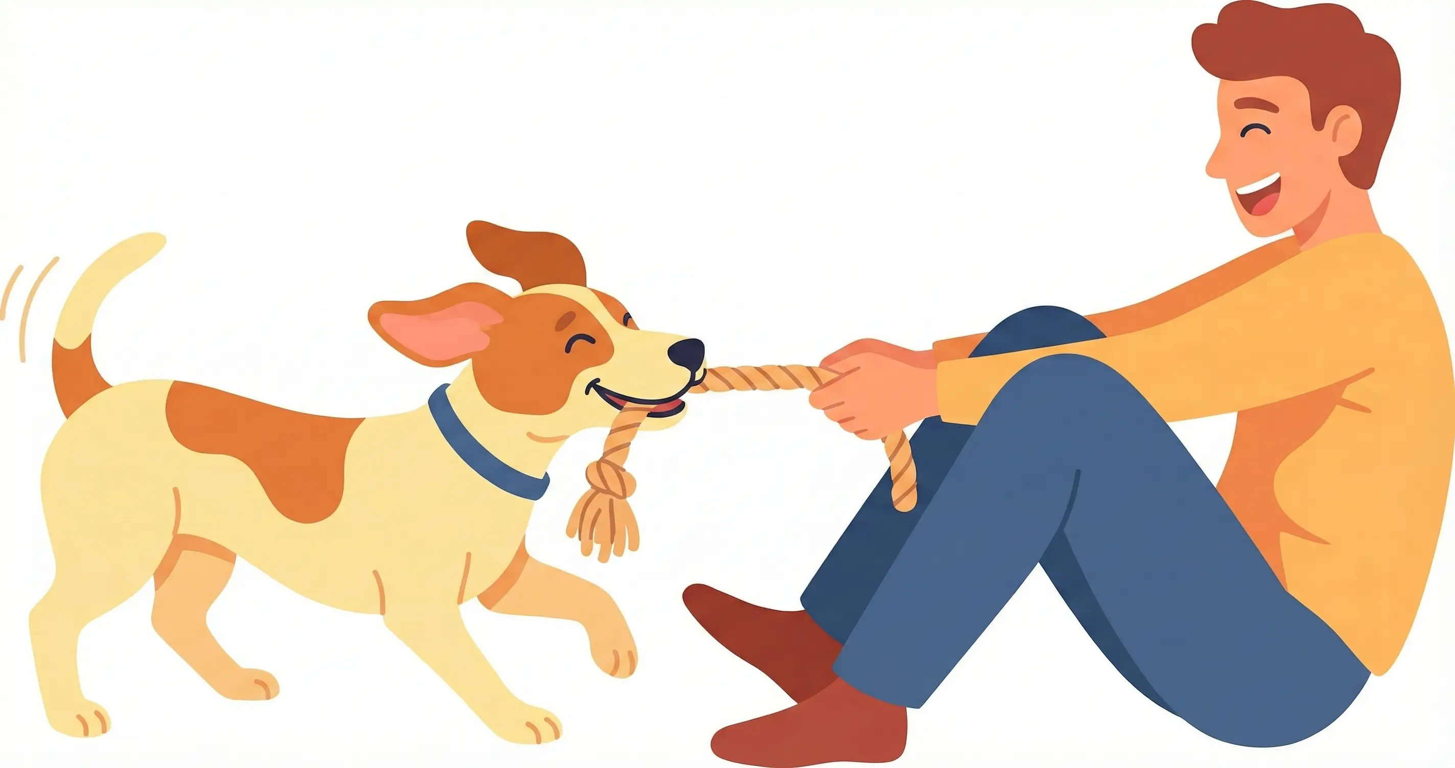 보호자와 장난감으로 터그 놀이를 하며 행복해하는 잭 러셀 테리어