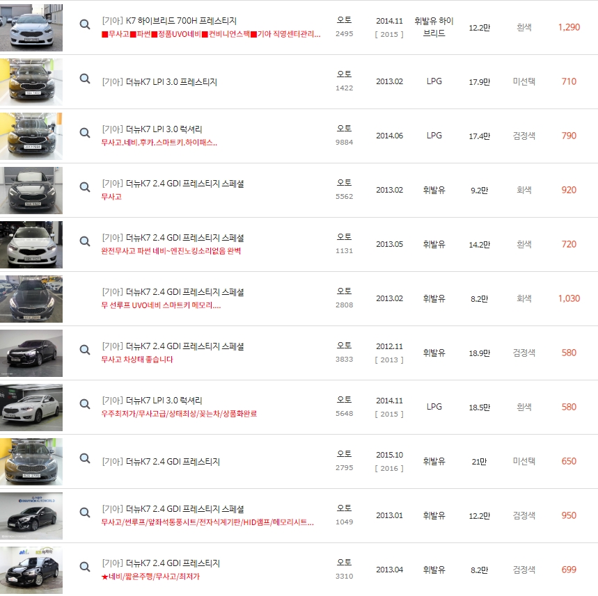 더뉴 K7 중고차 가격은 최저가 439만원 부터 ~ 최고가 1&#44;470만원