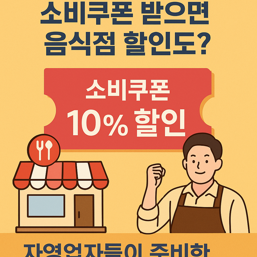 소비쿠폰 10% 할인 안내문과 음식점 사장님의 환영 인사 일러스트