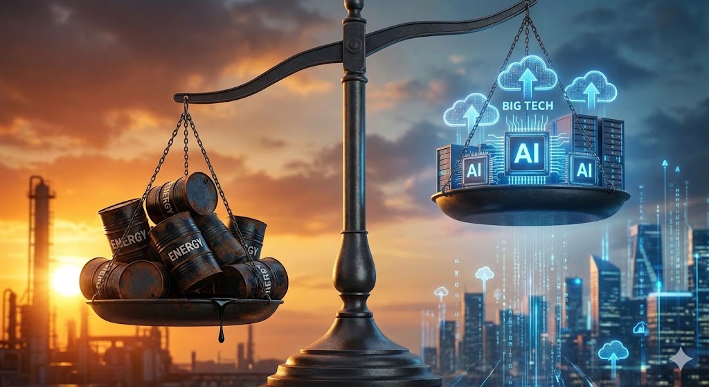 무거운 기름통(에너지 섹터)을 들고 힘겨워하는 SCHD와, 가벼운 날개를 달고 날아가는 빅테크 주식 비교