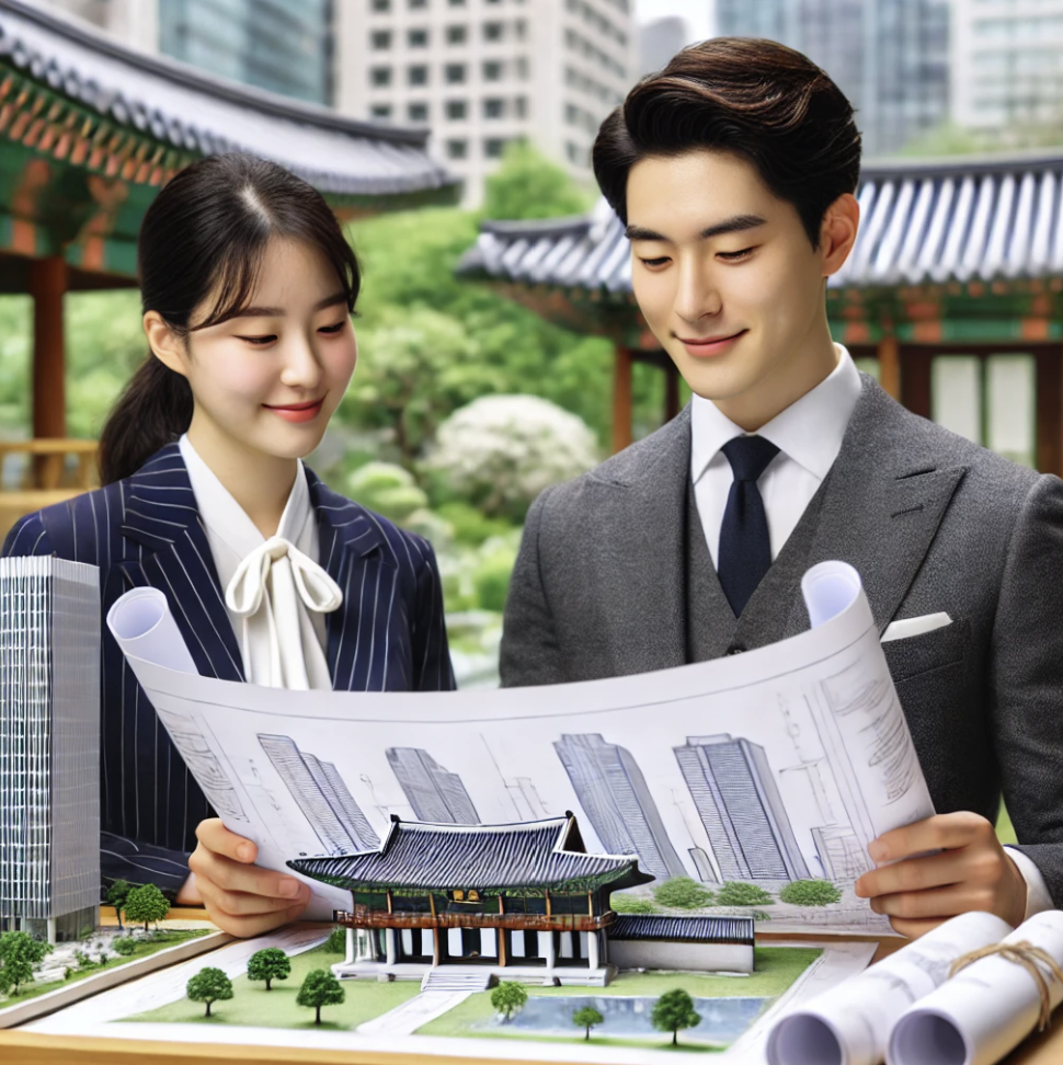 주거단지를 배경으로 설계도를 들고 있는 부부의 모습