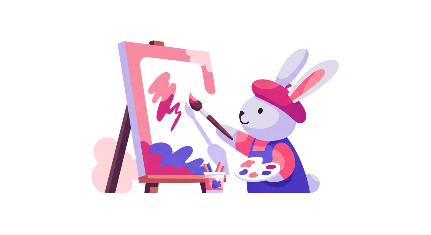 베레모를 쓰고 붓으로 캔버스에 그림을 그리며 예술혼을 불태우는 토끼 캐릭터 일러스트