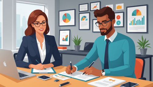 신사업 아이디어 컨설턴트가 자영업자에게 컨설팅을 하고 있다.