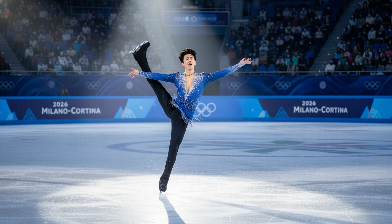 2026 밀라노 동계올림픽 빙상 위에서 감정적인 연기를 펼치고 있는 피겨 스케이팅 차준환 선수의 모습