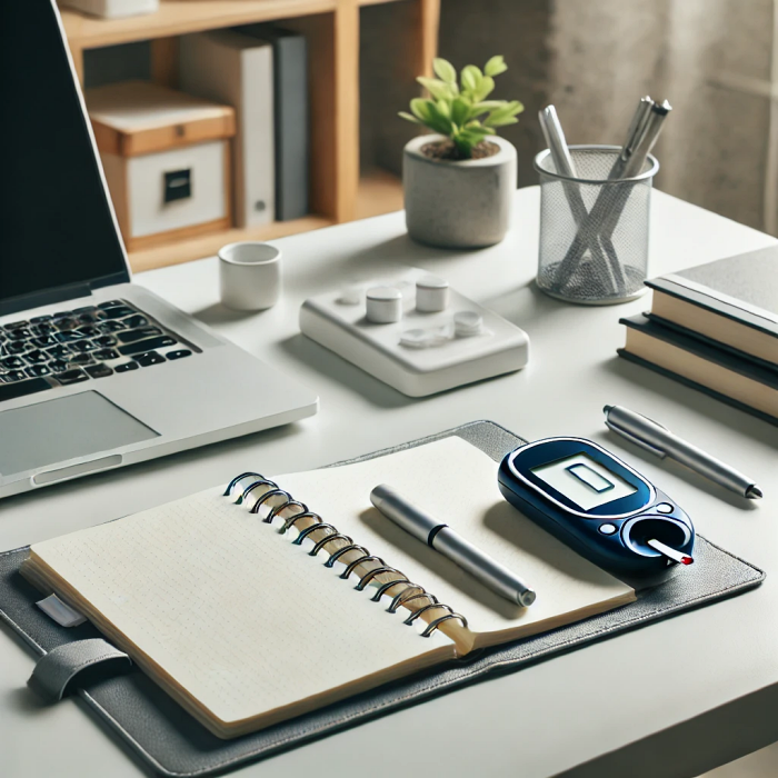 혈당 관리 팁과 혈당 측정기가 있는 깔끔한 작업 공간.