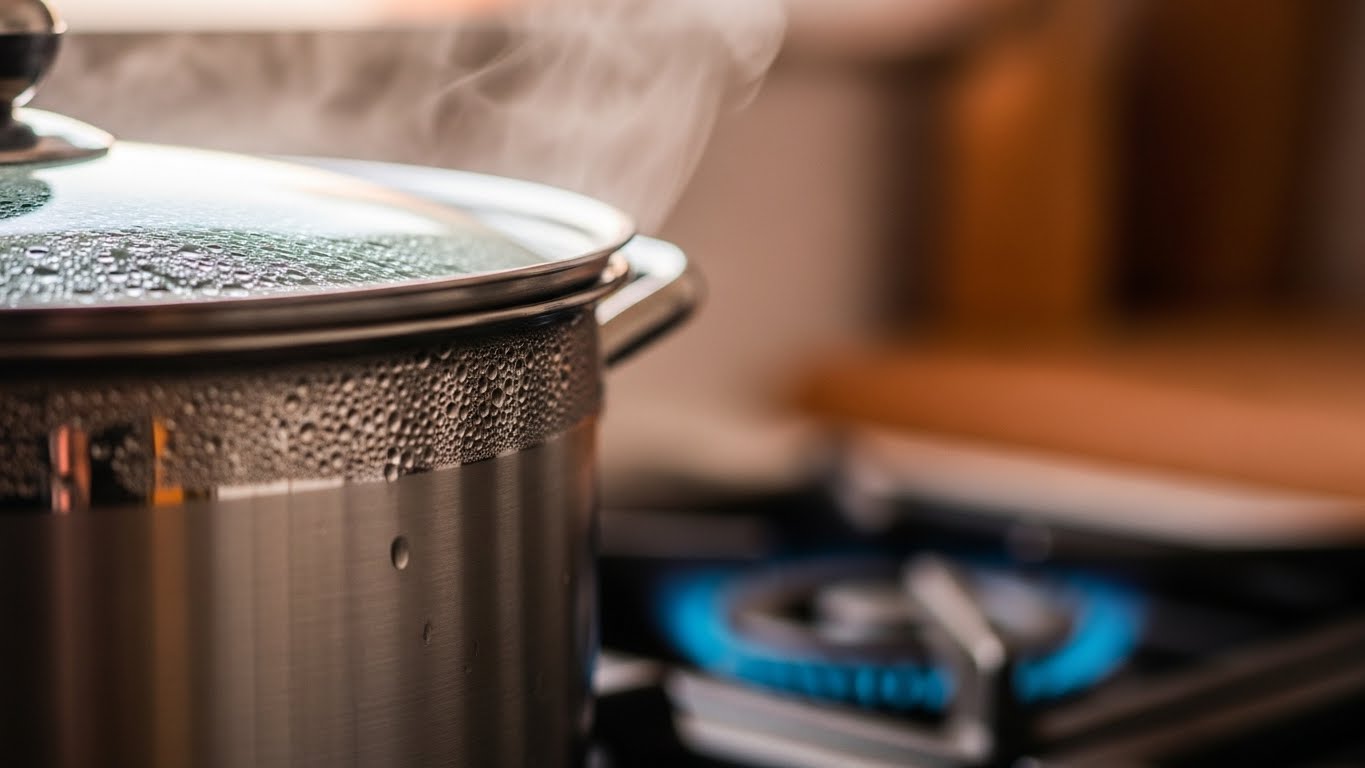 냄비-외부를-살짝-클로즈업한-결과,-부드러운-증기가-상승하여-물이-없는-요리-과정에서-채소가-수분을-방출한다는-것을-알-수-있있습니다.