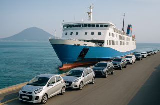 제주도로 향하는 여객선에 차량들이 탑승 중인 모습으로, 항구에서 출발을 준비하는 카페리의 풍경을 담은 이미지입니다